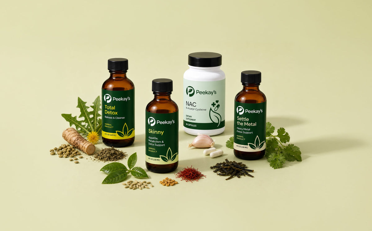 Collection of Peekay's products on a beige background