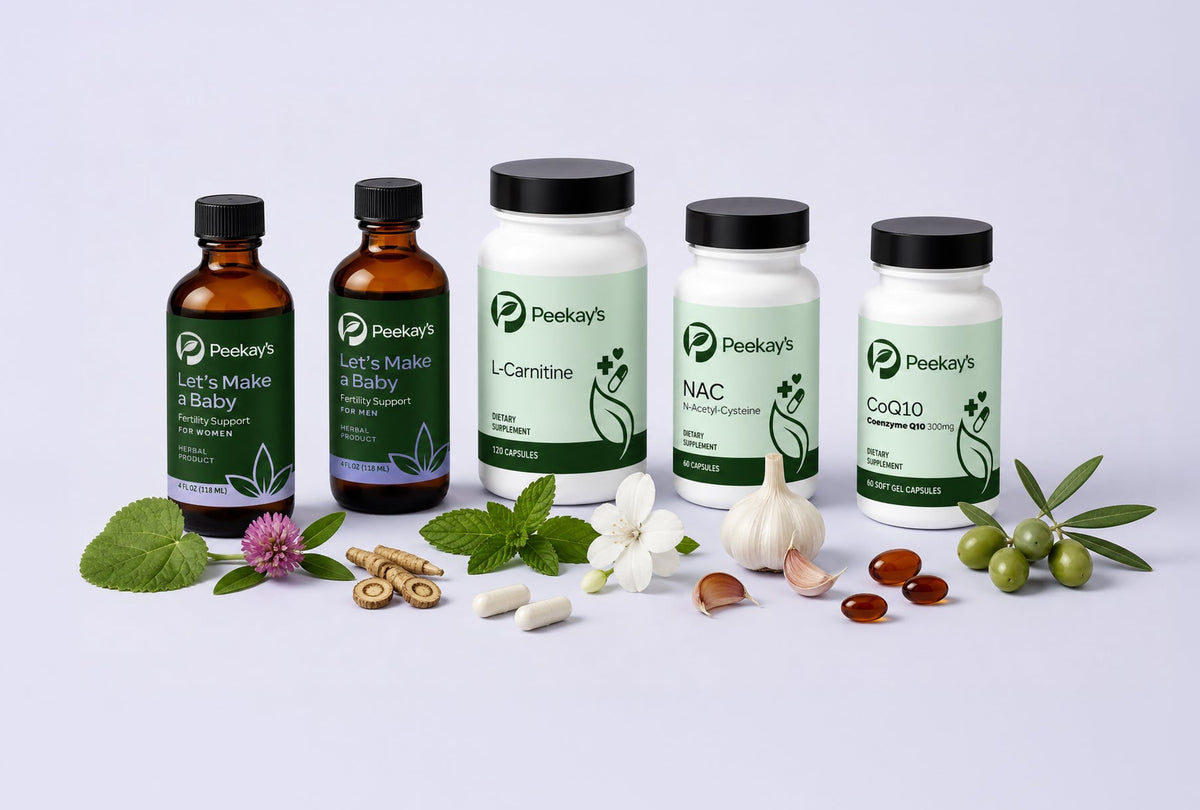 Collection of Peekay's Herbs supplement bottles and natural ingredients on a light gray background